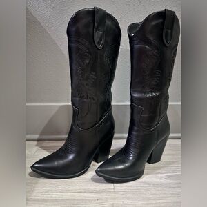 ISNOM Cowboy Boots, Pointed Toe Chunky Heel Western Boots